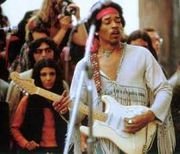 Jimi Hendrix at Woodstock with a 1968 Stratocaster, a right-handed model played left-handed, with the strings in the standard order relative to the guitarist.
