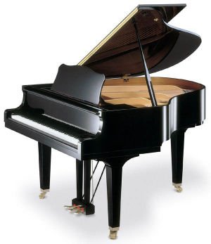 A "baby grand" piano, with the lid up.  Most pianos are about 150&nbsp;cm wide.  Baby grands such as this are about as long as they are wide, but a concert grand can measure up to 3&nbsp;m perpedicular to its keyboard.