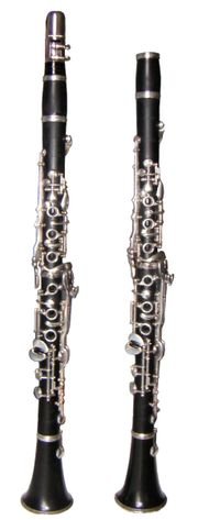 Two soprano clarinets: a Bb clarinet (left) and an A clarinet (right, with no mouthpiece).  
                These use the Oehler system of keywork.